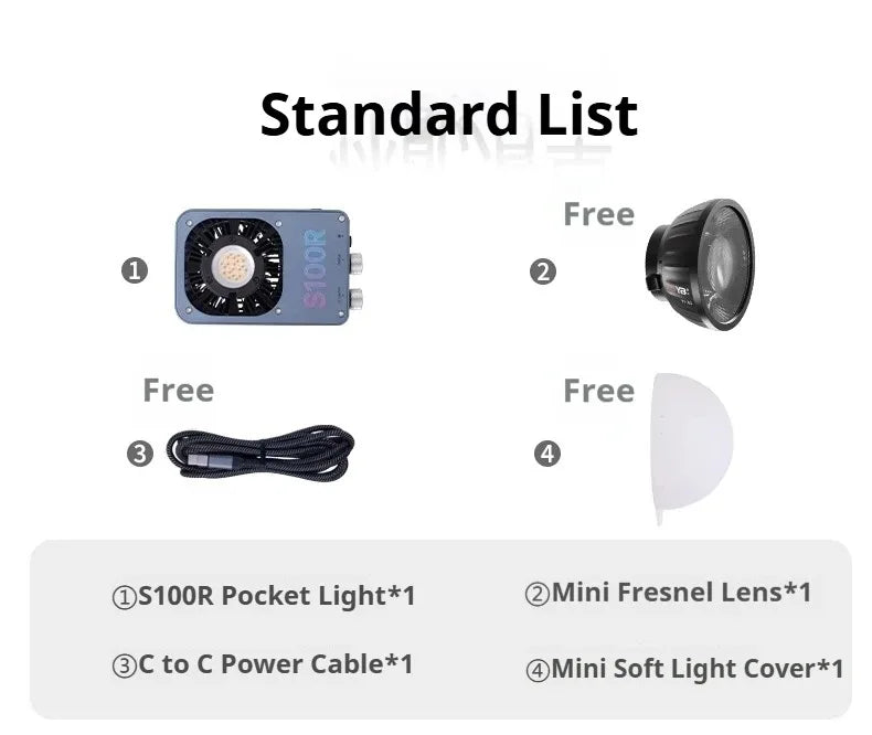 S100R pocket light kit including a black Fresnel lens, braided USB-C cable, and a white dome diffuser.