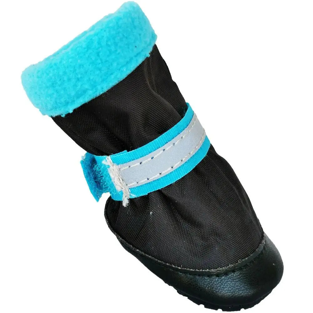 Black and blue reflective dog shoes for outdoor paw protection. Breathable, anti-slip boots for safe pet walking.