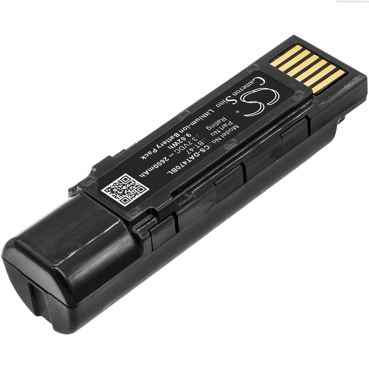 Black barcode scanner battery pack close-up with label and gold contact pins