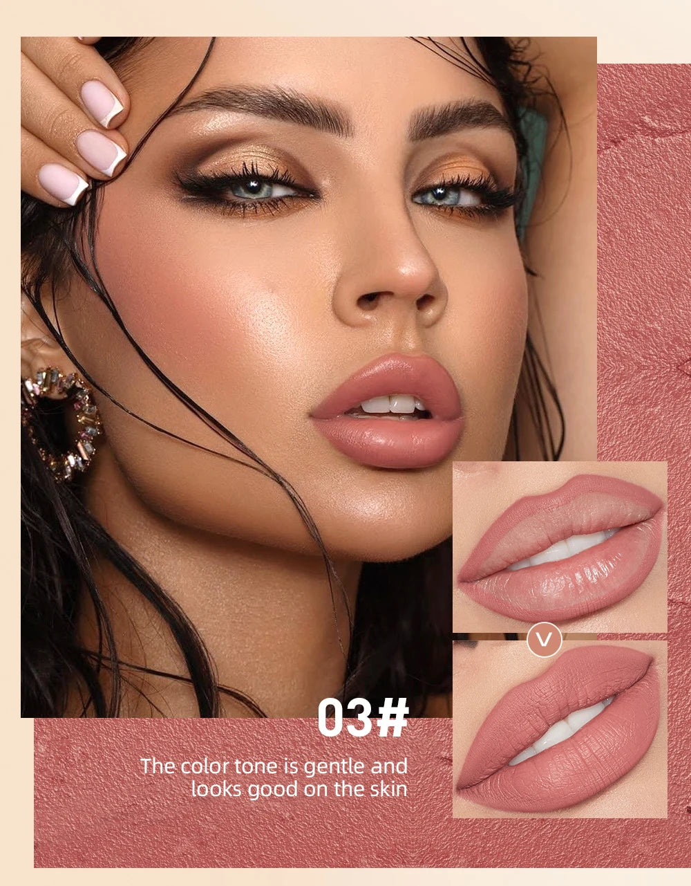 QIBEST matte nude lipstick and lip liner set in a soft rose shade, featuring a smooth, long-lasting waterproof finish.