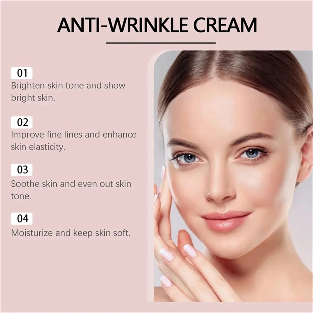 Infographic for anti-wrinkle cream showing a woman with clear skin, next to a numbered list of skincare benefits.