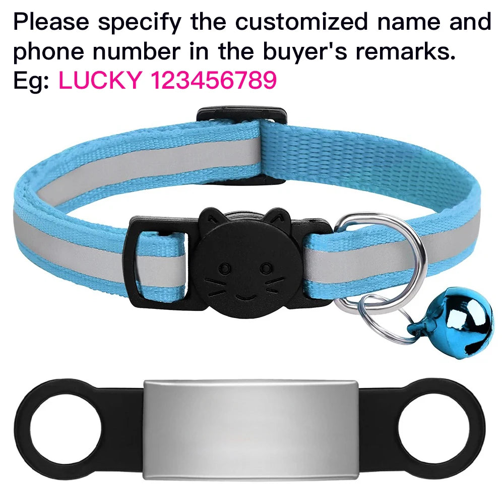 Blue reflective cat collar with customized ID tag and bell for anti-lost safety for kittens and small puppies.