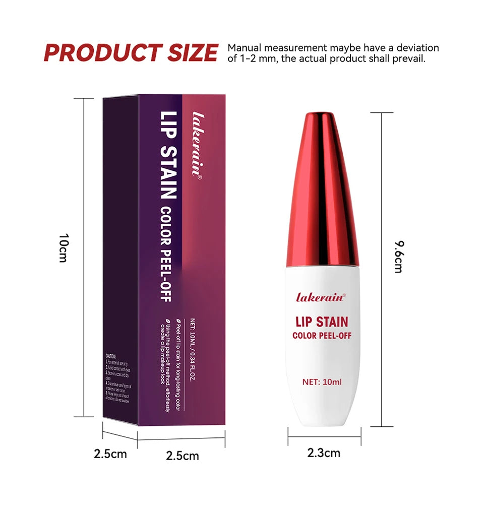 Lakerain peel-off lip stain bottle and packaging box showing long-lasting, waterproof matte lip makeup product dimensions.