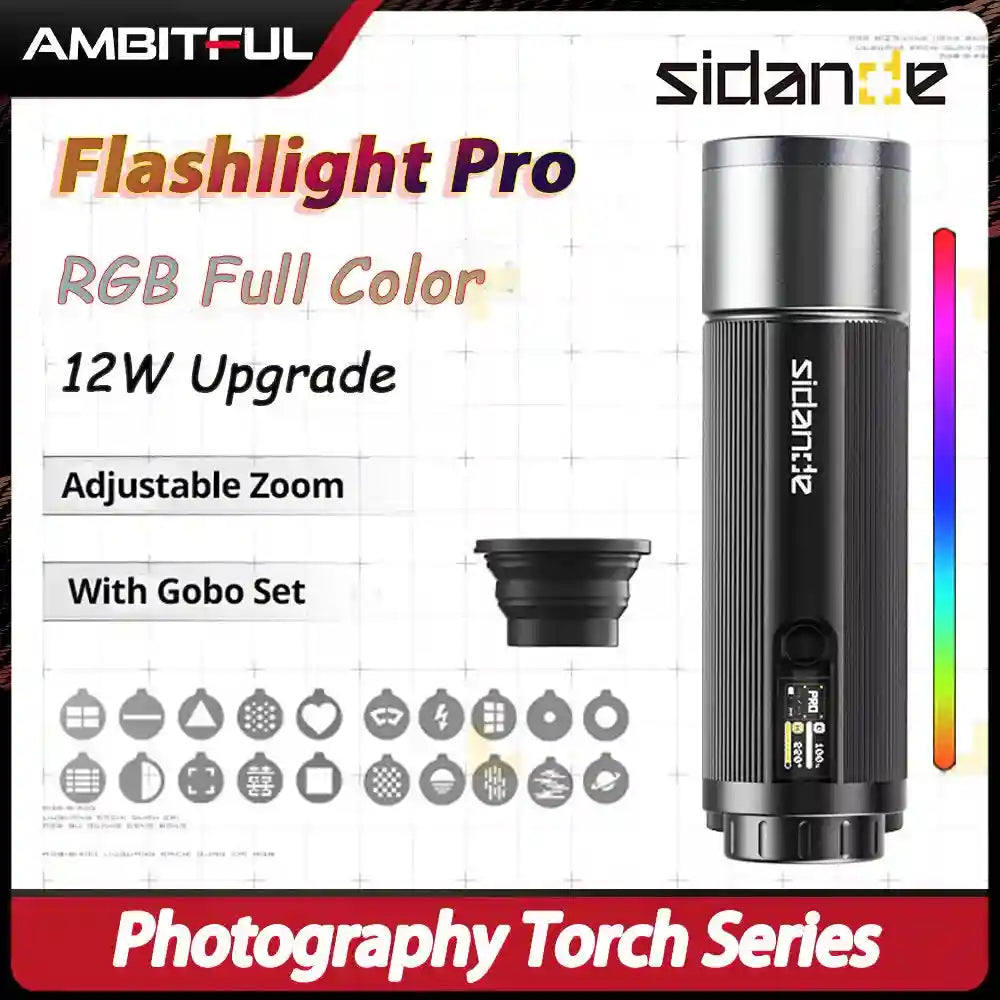Black RGB LED photography torch with adjustable zoom, gobo projector attachment, and various light pattern discs.