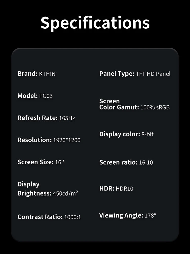 16" 2.5K 165hz 144hz Portable Monitor 1920*1200 16:10 100%sRGB 450Cd/m² Travel Gaming Display for Laptop Switch ps4 ps5 Xbox