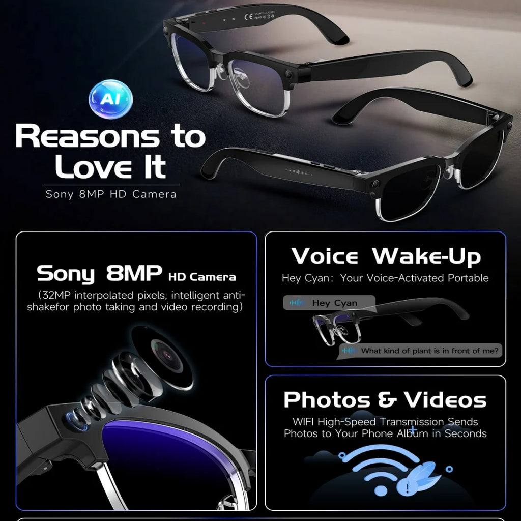 AI Smart Glasses with 8K Camera - Black Bluetooth Mixed Reality Headset Tidesmit