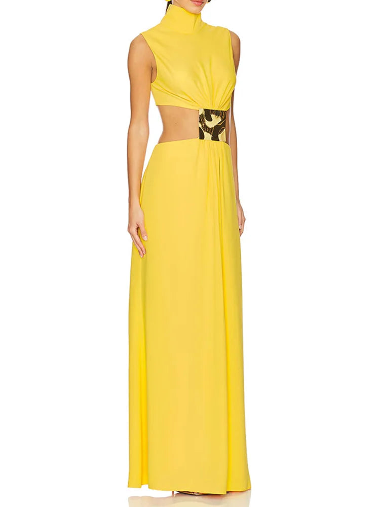 Solid Patchwork Hollow Out Fashion Maxi Dress, Women Summer Sleeveless Simple Party Dress, 2025 New Turtleneck Sexy Ladies Dress