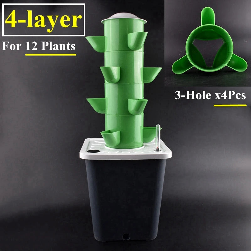 4-tier vertical hydroponic vegetable planter tower with green baskets over black base