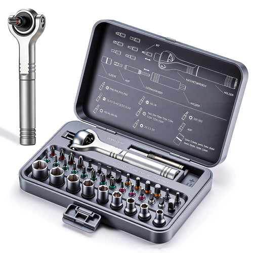Ratcheting magnetic screwdriver set with bit sockets in open gray case tray
