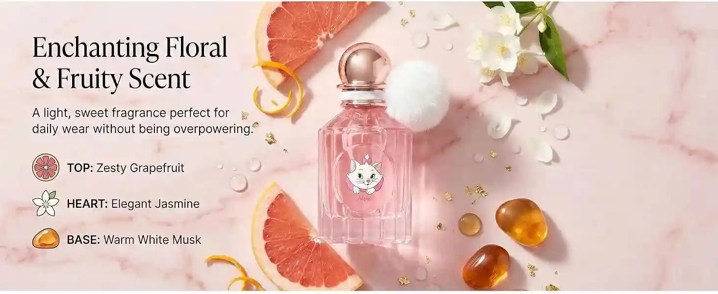 Miniso x Disney Marie 50ml floral fruity women's perfume with grapefruit, jasmine, musk in a round, pom-pom bottle.