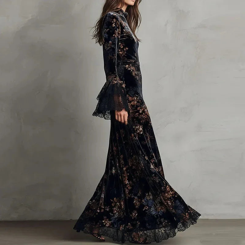 Retro New Floral Print Velvet Long Dresses Woman Sexy O Neck High Waist Evening Dress Autumn Long Sleeve Spliced Lace Maxi Dress