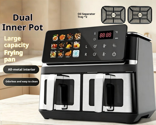 10L digital air fryer with dual drawers and touch-screen control panel, stainless steel
