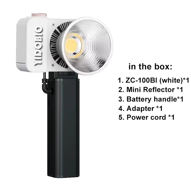 ZC-100BI white portable COB LED video light with a mini silver reflector and black battery handle for photography.