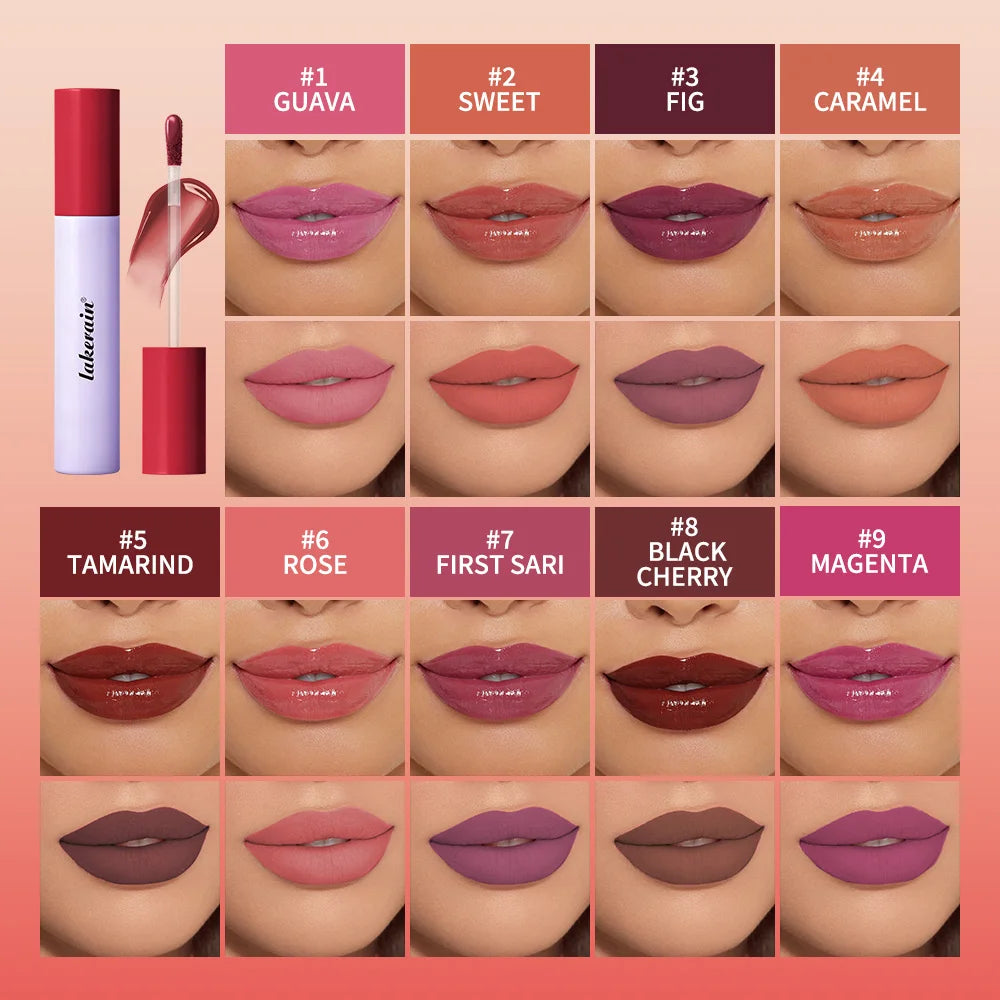 Lakerain 2-in-1 hydrating lip stain and gloss collection, featuring 9 long-lasting, non-stick colors and matte finishes.