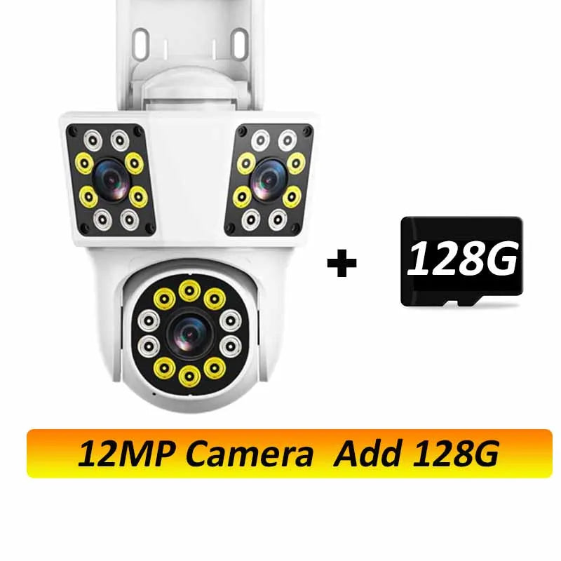 White PTZ dome security camera with three lenses and included 128G memory card