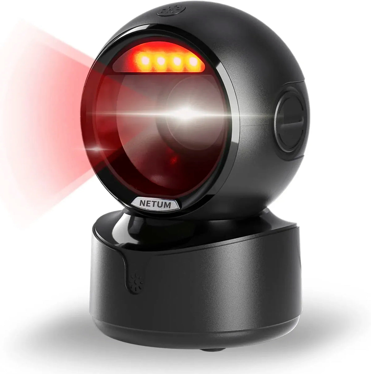 Black NETUM desktop 2D QR barcode scanner with glowing scan window on stand