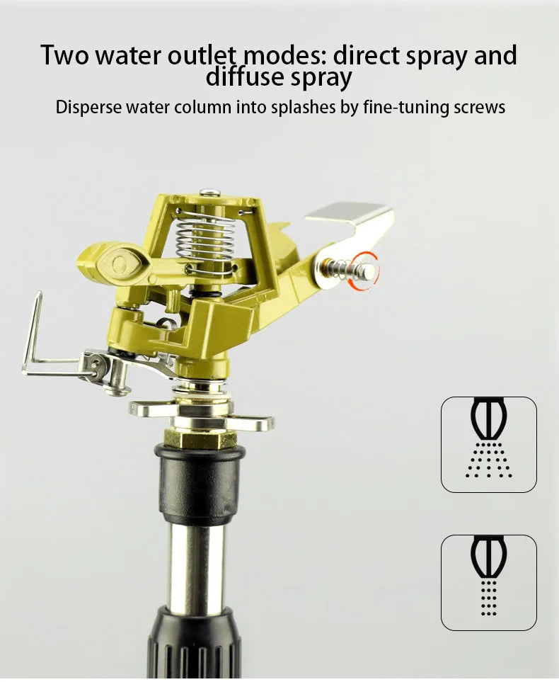 Yellow sprinkler nozzle with two spray modes on tripod stand, direct and mist