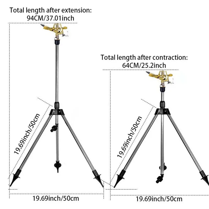 Tripod sprinkler height diagram showing extension and retracted size