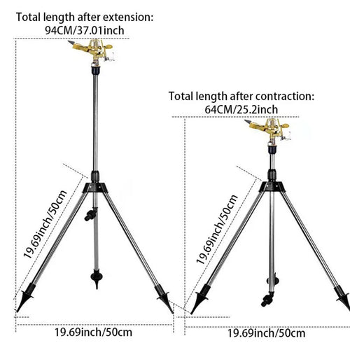 Adjustable tripod sprinkler with extension and contraction size diagram