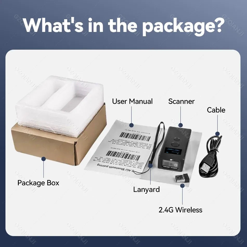 Barcode scanner package contents: scanner, cable, lanyard, and user manual