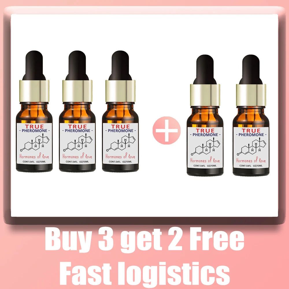True Pheromone essential oil set in amber dropper bottles. Long-lasting unisex scent for dates. Buy 3 get 2 free.