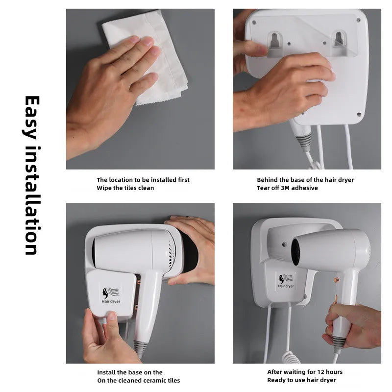 White wall-mounted hair dryer with easy 3M adhesive installation, perfect for hotel or home bathroom wall storage.