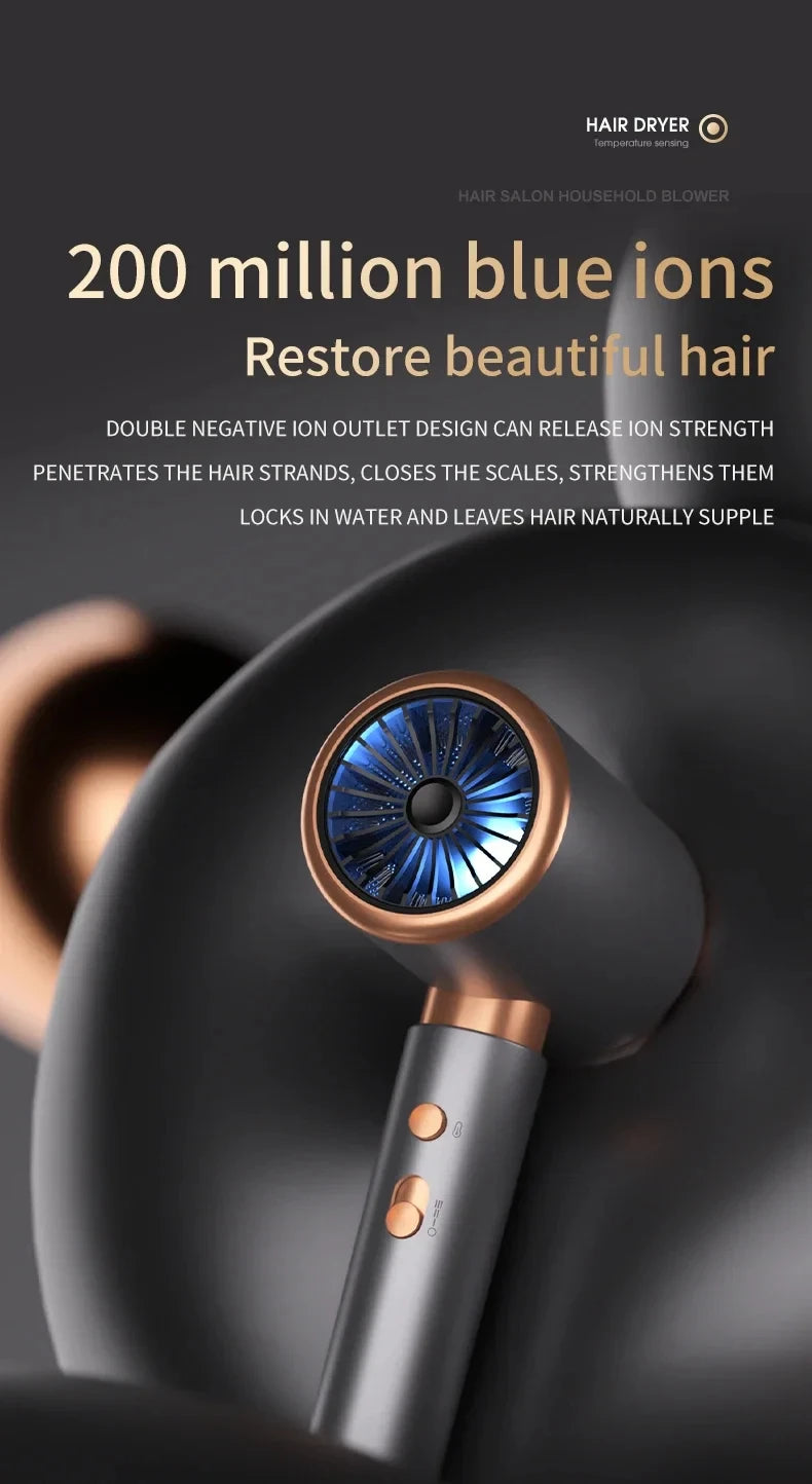 HOMEFISH 2000W ionic hair dryer in matte black and gold, featuring a powerful blue-light motor and sleek design.
