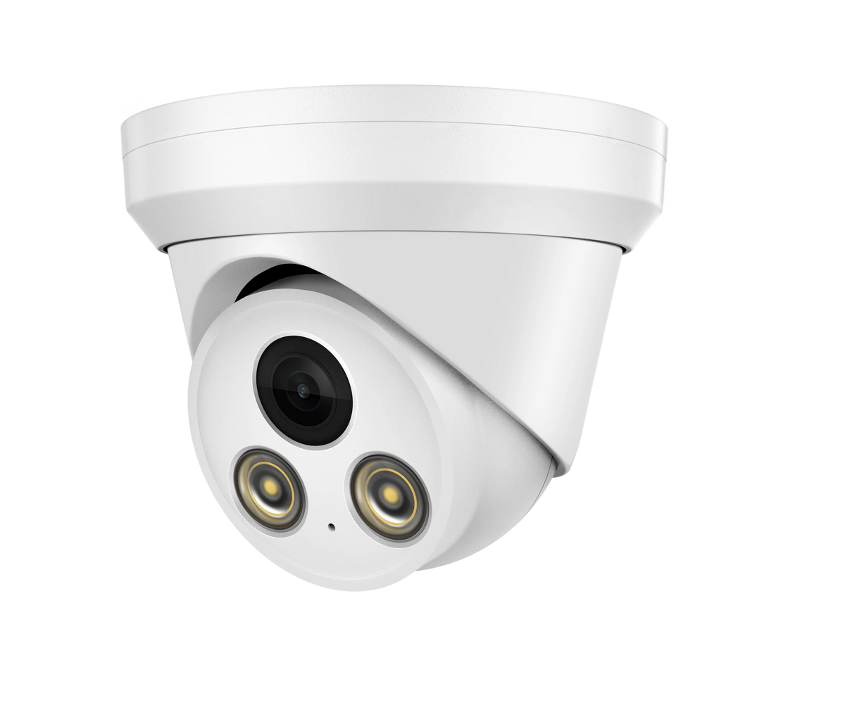 Close-up of white dome security camera with dual lens and IR LEDs