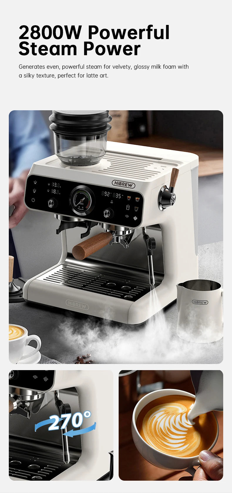 HiBREW white espresso coffee machine with wood handle, integrated grinder, and steam wand for latte art.