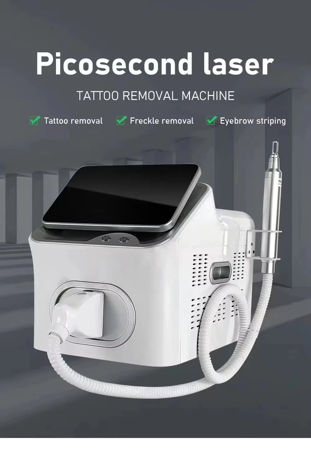 Portable 4000W Nd:YAG Picosecond laser machine for tattoo and freckle removal with touchscreen and silver applicator.