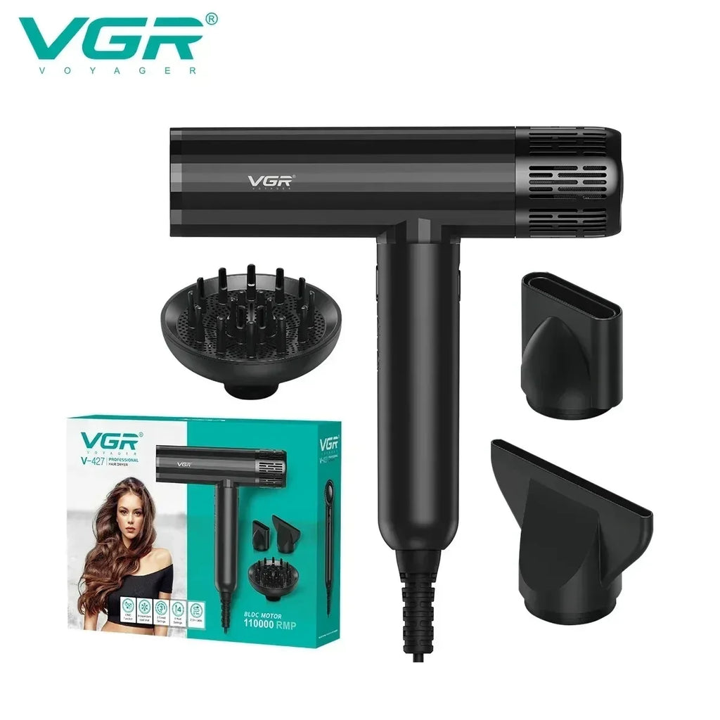 VGR V-427 black professional leafless ionic hair dryer with diffuser and concentrator nozzles, 110000RPM BLDC motor.