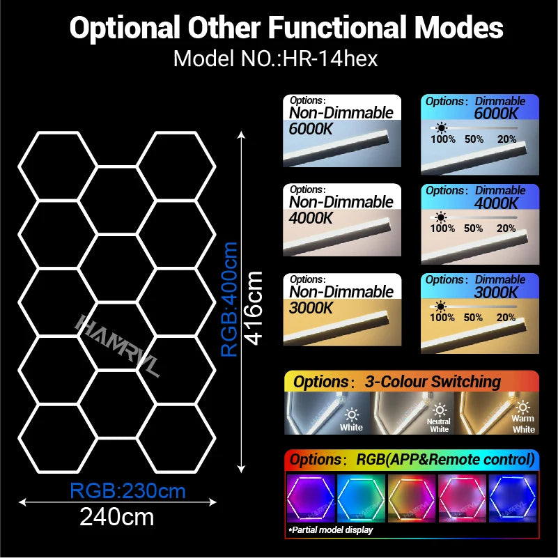 Hexagon honeycomb LED ceiling light model HR-14hex, RGB mode with large hex grid