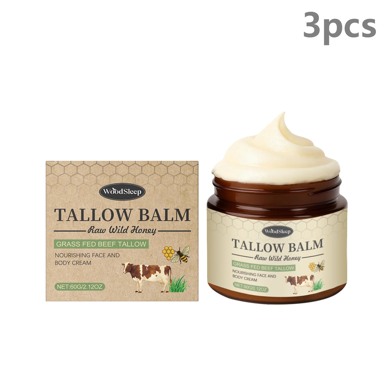 Woodsleep Organic Grass-Fed Beef Tallow Balm with Raw Honey Deep Hydration Face Body Care Smooth Soft Beef Tallow Honey Balm 60g