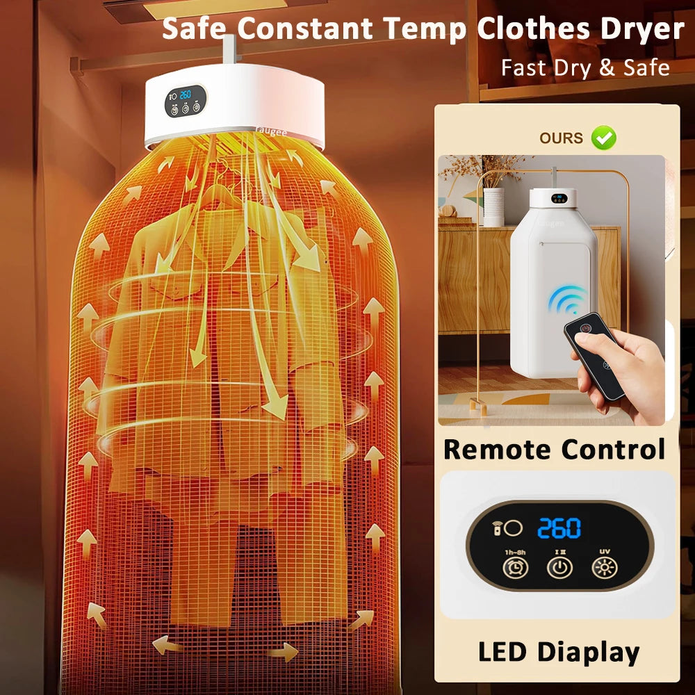 Tidesmit portable electric clothes dryer featuring remote control, UV sterilization, and foldable design for travel.