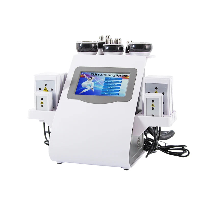 White KIM 8 cavitation slimming machine with a digital screen, various treatment heads, and laser lipo pads on sides.