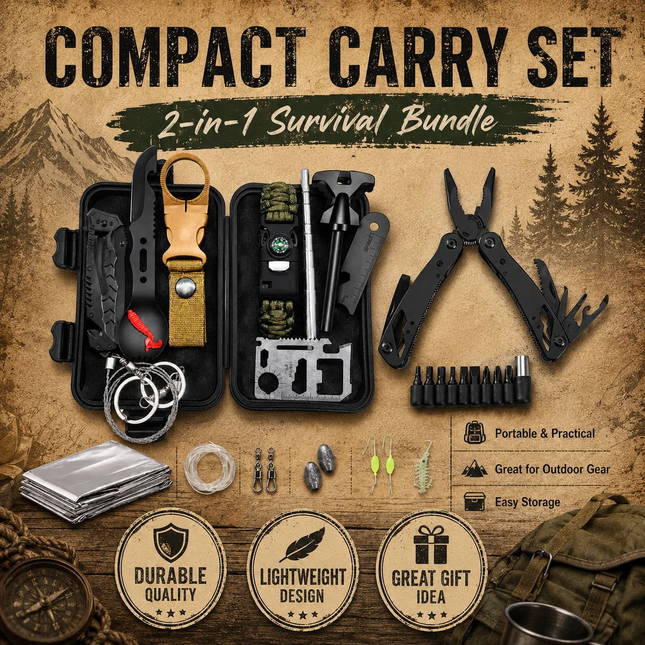 Portable 2PCS Multitool Combo Set, Emergency Survival Kit and Folding Pliers Tool with Bit Set, Outdoor Repair Gear for Camping, Hiking, Backpacking and Home Maintenance