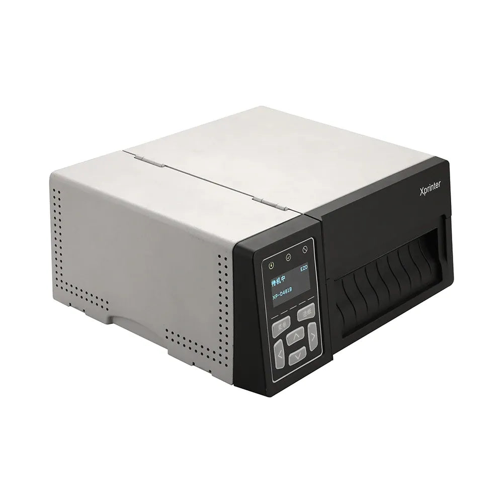 White and black industrial thermal label barcode printer with front print window