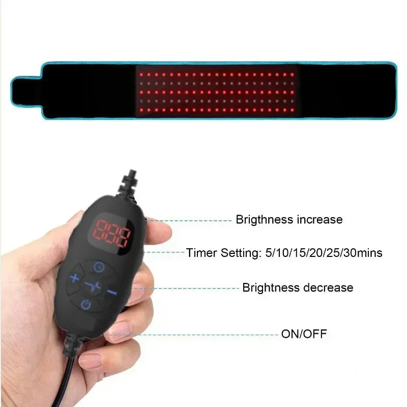 Black red-light therapy belt with blue trim and handheld controller featuring adjustable brightness and timer settings.