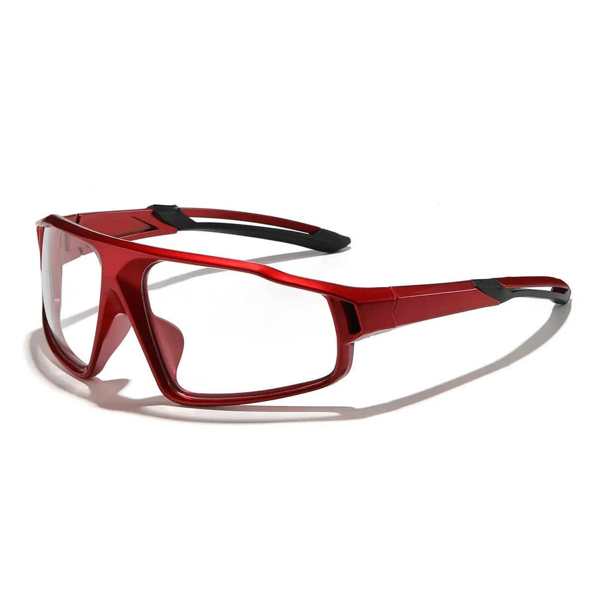 Red sports photochromic eyeglasses with clear lenses and black accents
