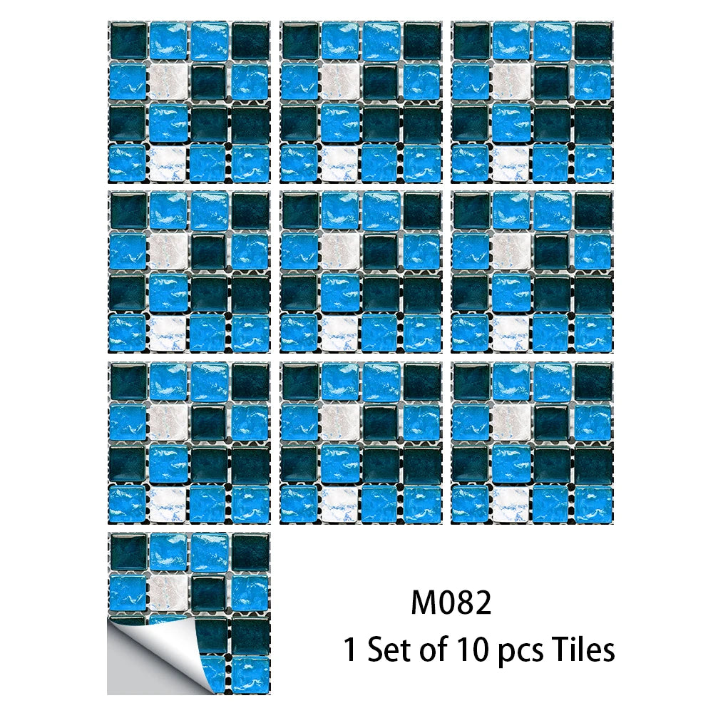 10pcs Flat Mosaic Style Tiles Sticker Kitchen Bathroom Waterproof & Oilproof Art Wall Sticker Peel & Stick Surface Glossy Film