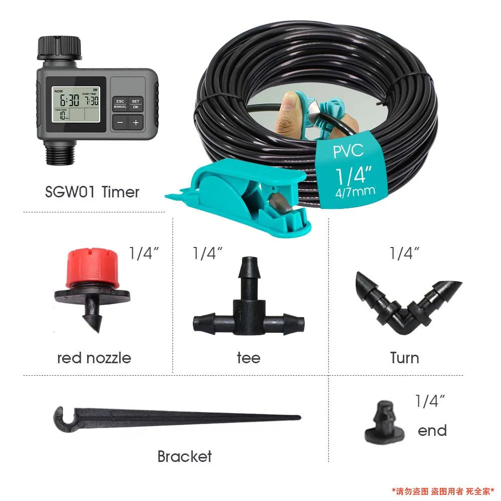 30-5m Garden LCD Button Timer Irrigation Set 0-80L/H Rotating Adjustable Nozzle Intelligent Display Automatic Watering System