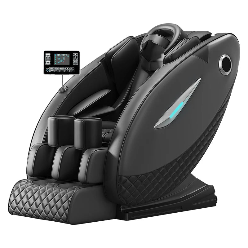 Black full-body massage chair with quilted side panels, integrated leg massager, and a digital remote controller.