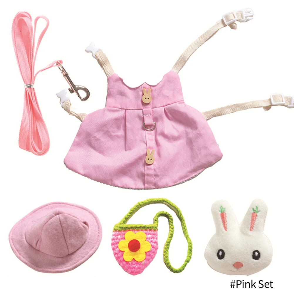 Cute pink rabbit harness vest, leash, sun hat, and accessory bag set for small pets like bunnies and guinea pigs.