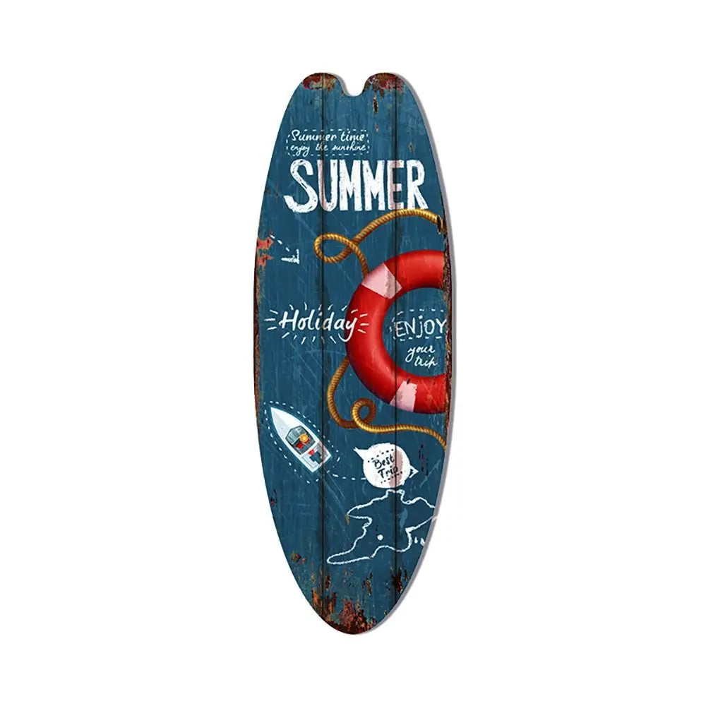 Wood surfboard hanging sign, blue “Summer” with red lifebuoy and whale graphic