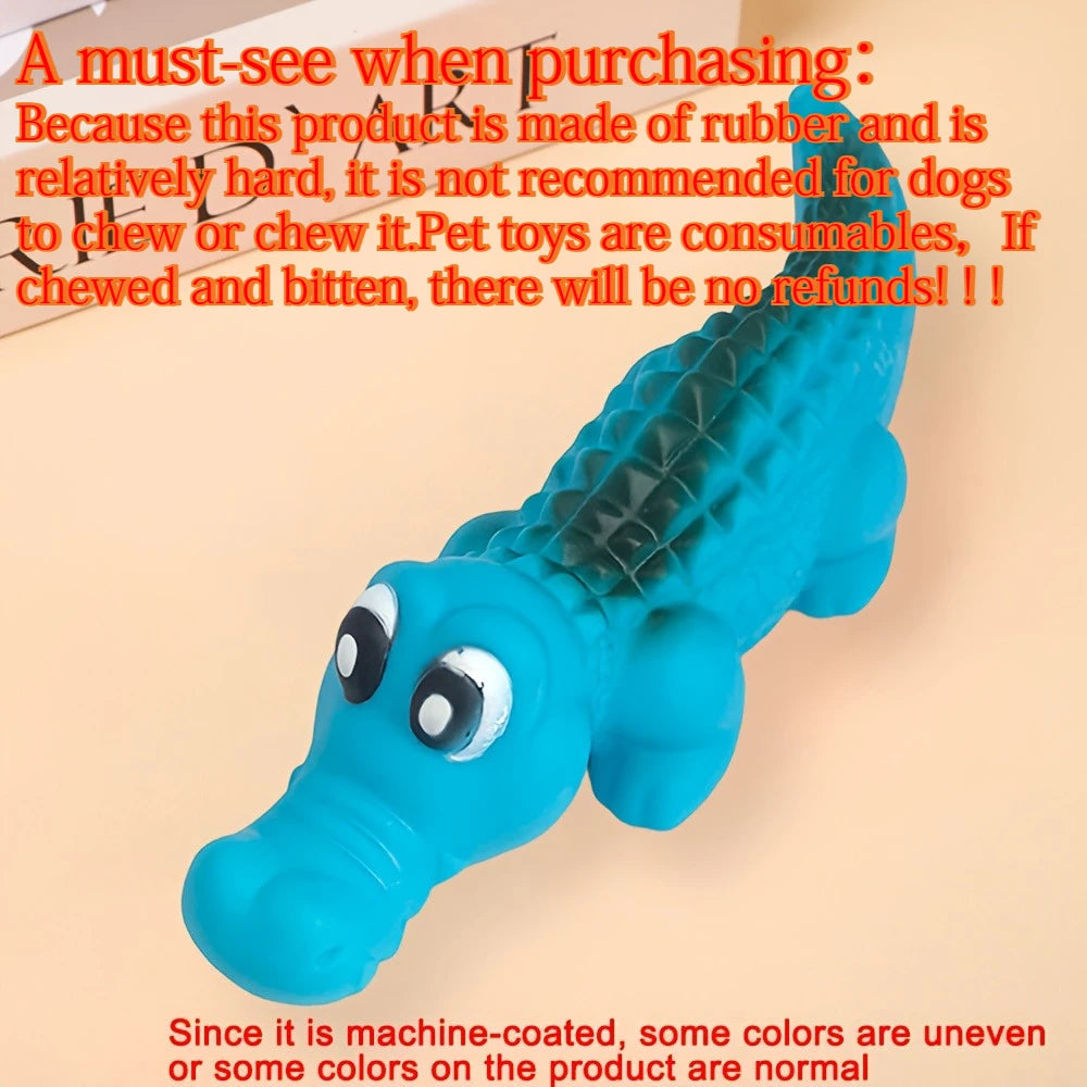 Blue rubber crocodile squeaky toy for interactive dog play. Fun animal-shaped pet toy for fetch and engagement.