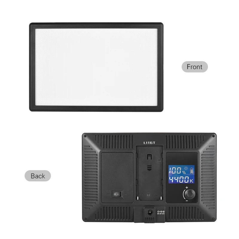 Rectangular LED video light with front diffuser panel, rear battery mount, power switch, and digital control screen.