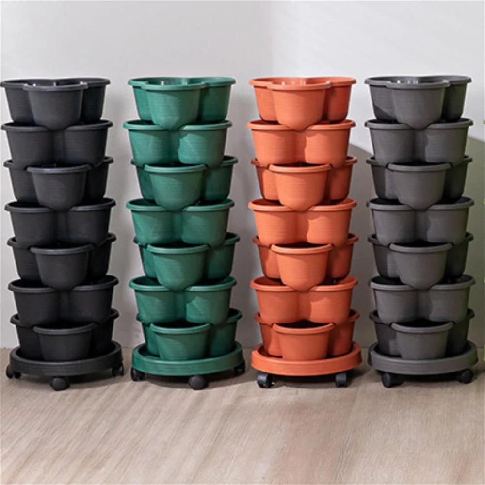 3-4-Tier Stackable 3-Petal Modular Vertical Garden Planter with Wheels Movable for Strawberries, Herbs, & Vegetables,