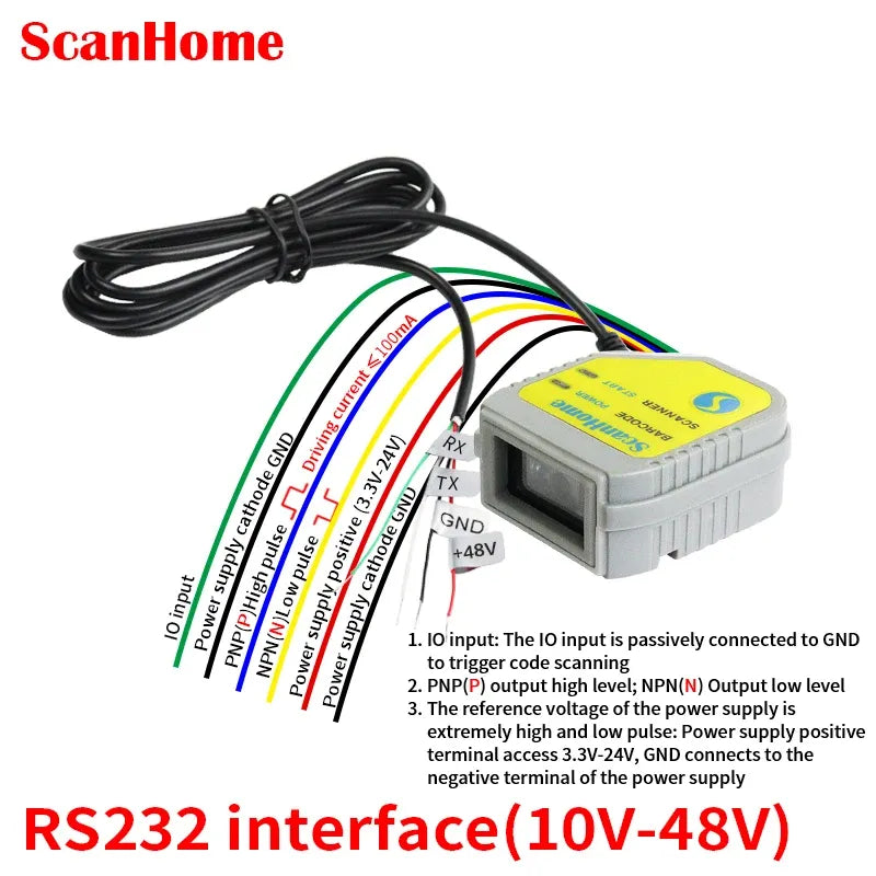 ScanHome barcode scanner RS232 interface with TX/RX labels and power wiring