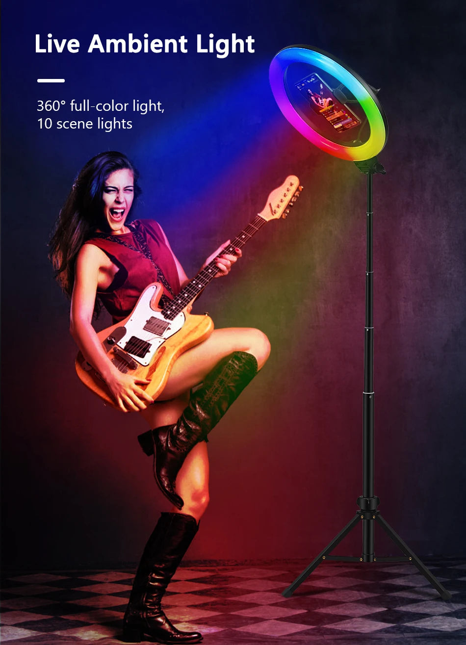 RGB LED ring light on an adjustable tripod stand with a phone holder, used for streaming and colored mood lighting.