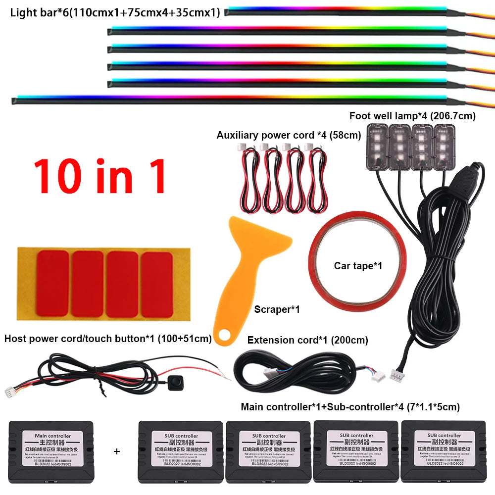 RGB Car Ambient Light Kit | App-Controlled Acrylic Fiber Optic System 10 in 1 Full color Tidesmit